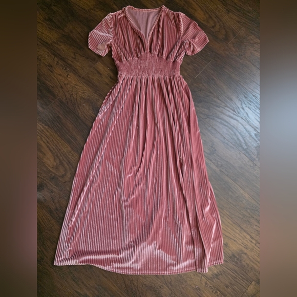 Ever Pretty Rose Gold Pleated Velvet Maxi Dress - Picture 2 of 5